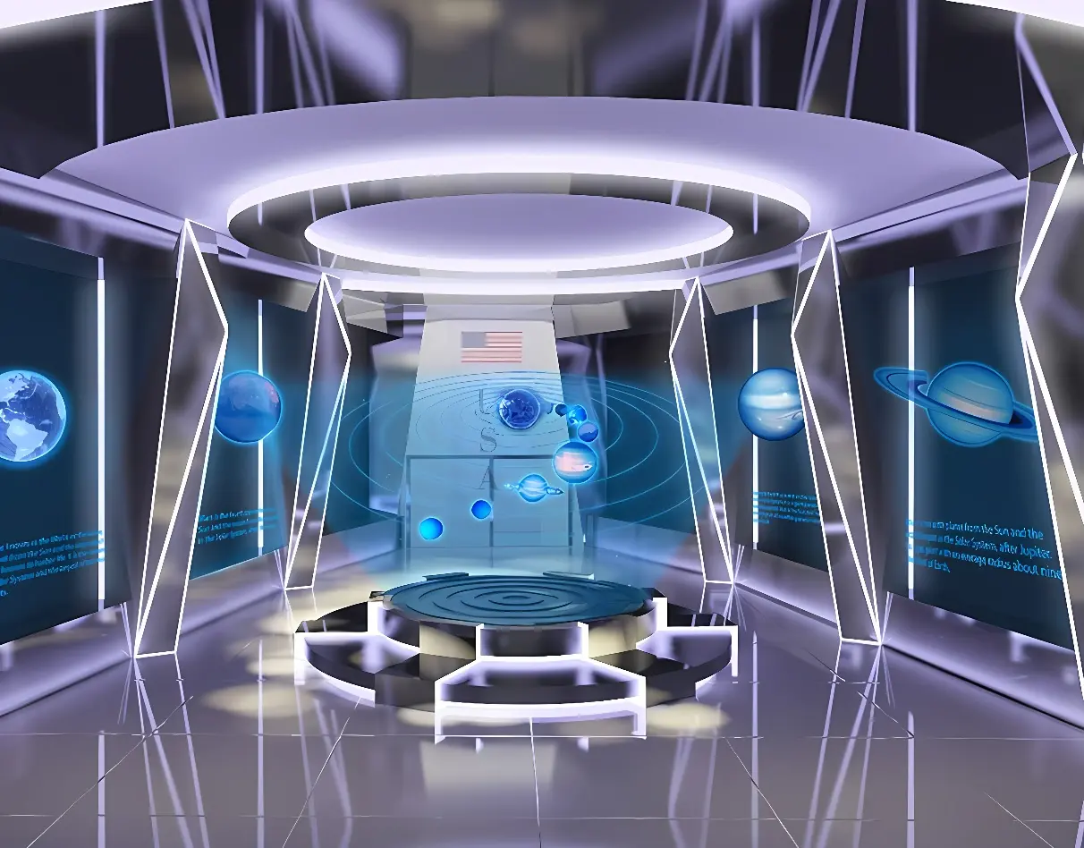 这是一张展现未来风格控制室的图片，中心有一个带有美国国旗的圆形控制台，周围是浮动的星球模型和科技感装饰。