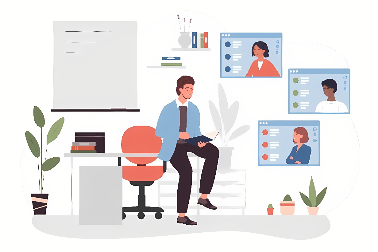 图片展示一位男士在办公室内使用视频会议软件与多人进行远程交流，环境整洁，配有现代化办公设备和植物装饰。