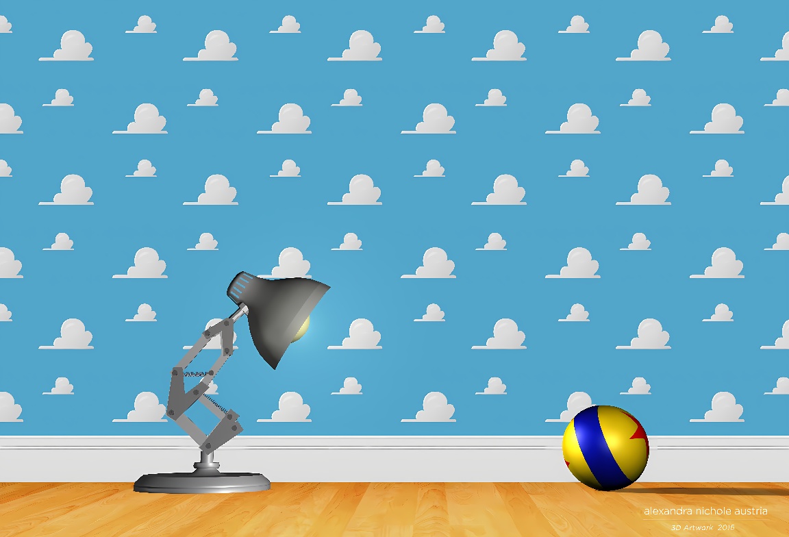 图片展示了一个类似皮克斯动画标志的台灯，对着一个彩色的沙滩球，背景是蓝色带白云的墙壁。