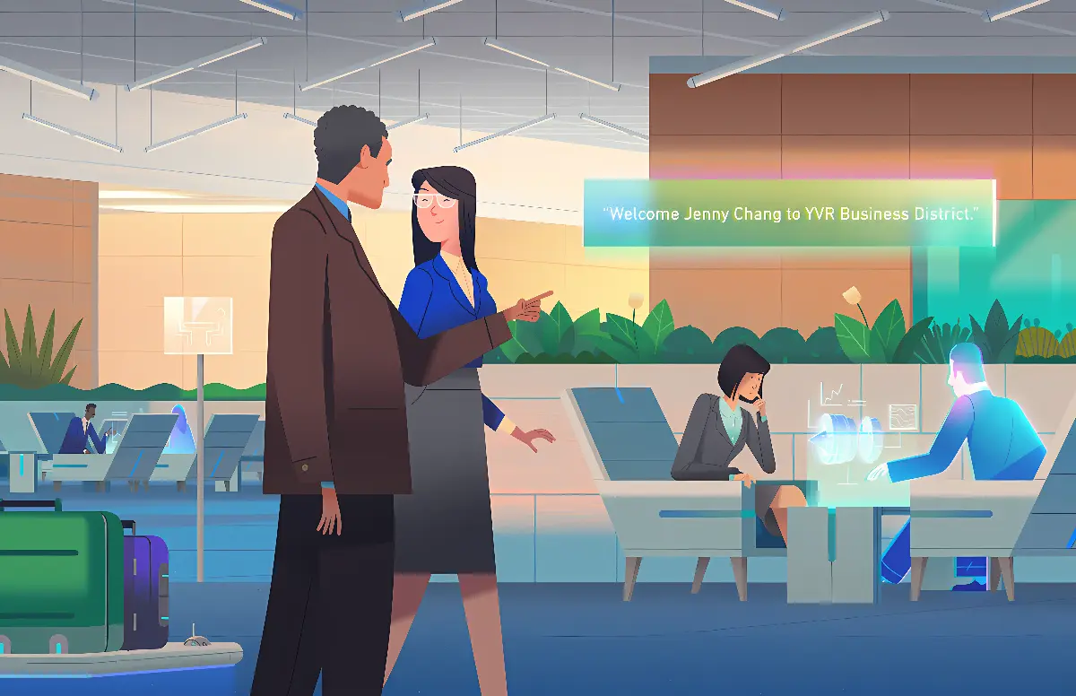 图片展示一位女士在机场商务区迎接一位男士，背景中有其他人在使用电子设备工作。