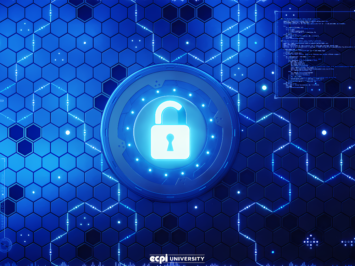 这是一张描绘数字安全概念的图片，中心是一个发光的锁形状图标，背景是蓝色的六边形图案和计算机代码。
