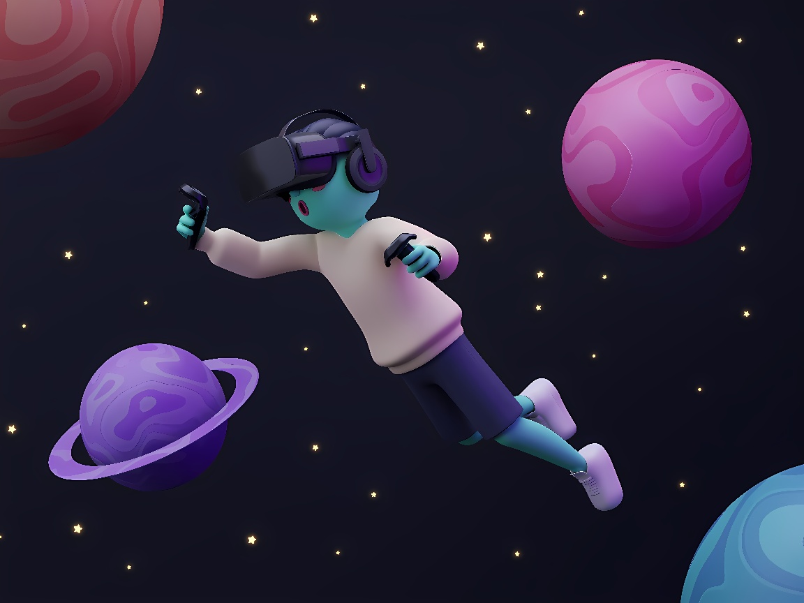 这是一张插画，展示了一个戴着虚拟现实头盔的卡通角色在太空中漂浮，周围是各种颜色的行星和星星。