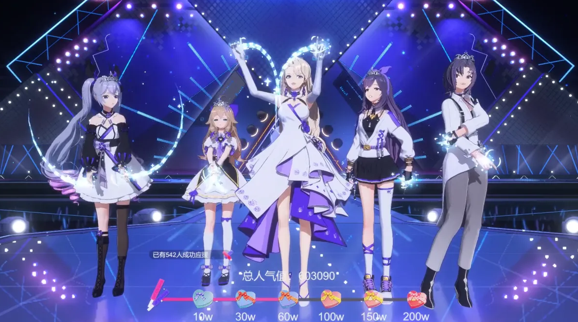 图片展示了五位穿着未来风格服装的动漫风格女性角色站在舞台上，背景是虚拟的演唱会场景，充满科技感。