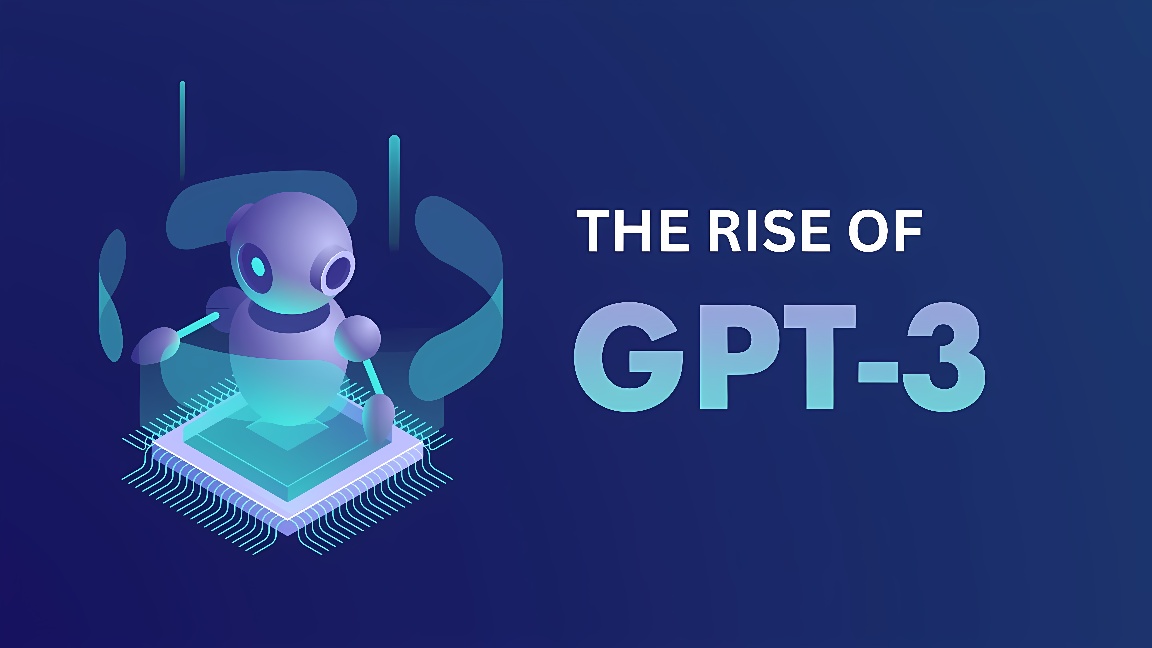 这是一张插图，展示了一个机器人坐在类似芯片的平台上，背景写着“THE RISE OF GPT-3”字样，整体色调是蓝色调。