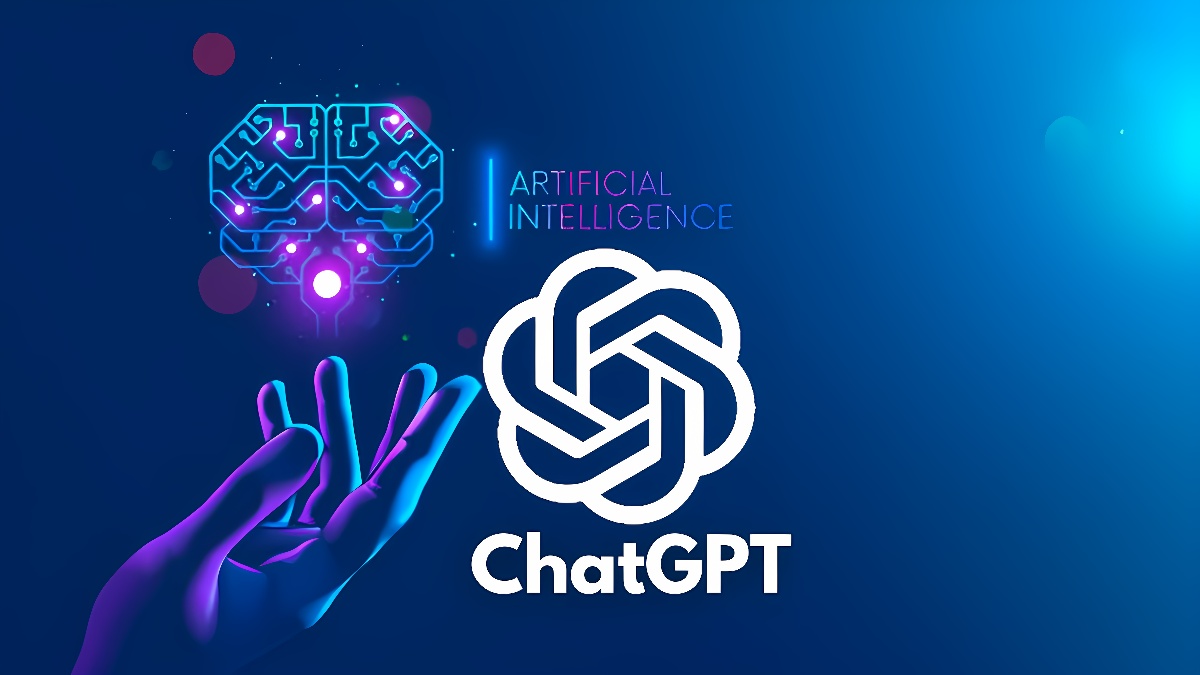 这是一张描绘人工智能概念的图片，展示了一个发光的大脑图标，手势，以及“Artificial Intelligence”和“ChatGPT”字样。
