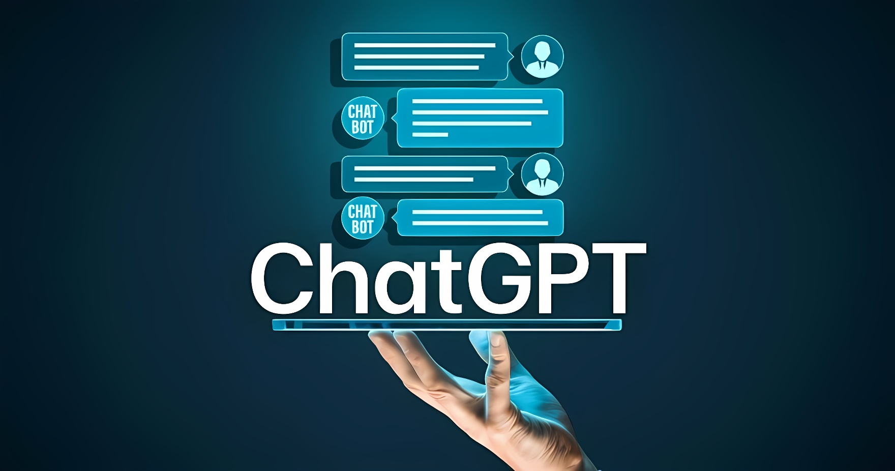 图中展示了一只手在触摸浮现的ChatGPT图标和对话框，象征着交互式人工智能和聊天机器人技术。