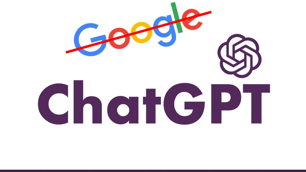 图片展示了“Google”和“ChatGPT”两个词汇的标志，彼此相邻，上方是彩色的Google标志，下方是紫色的ChatGPT字样。