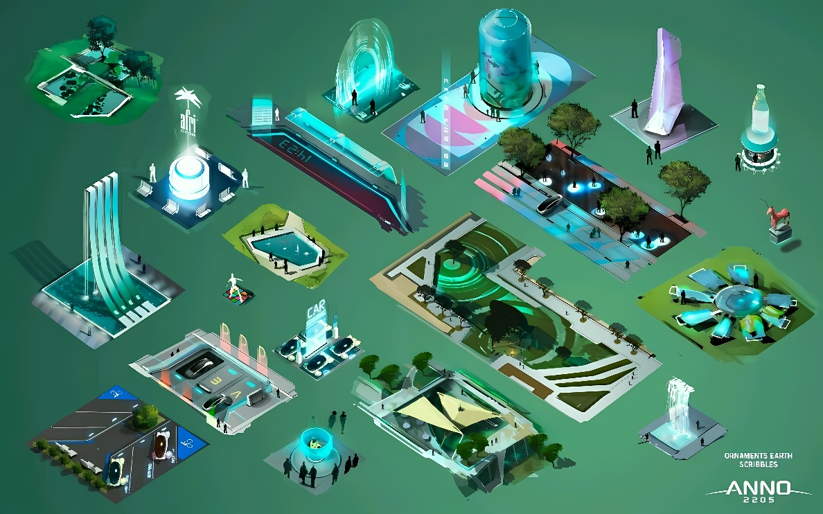 这张图片展示了一系列风格未来主义的建筑物和结构，采用了绿色和蓝色调，整体给人一种高科技、干净的城市规划印象。