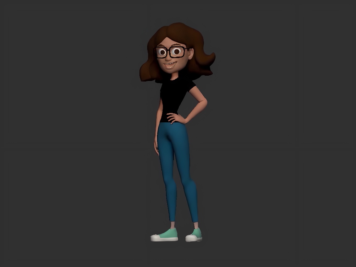 这是一张三维动画风格的女性角色图像，她戴着眼镜，穿着黑色上衣、蓝色牛仔裤和白色运动鞋，微笑着站立。