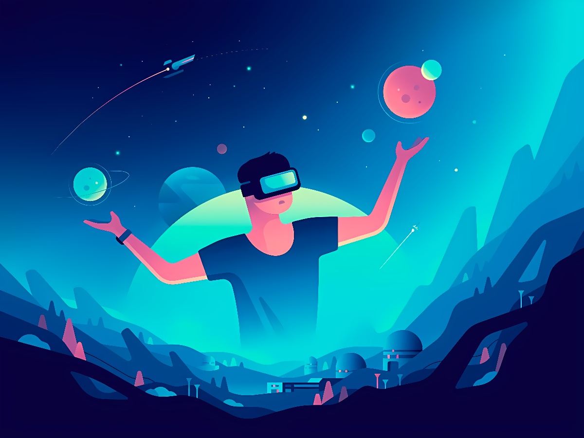 图片展示了一位戴着虚拟现实头盔的人，似乎沉浸在一个充满星球和宇宙元素的虚构世界中。
