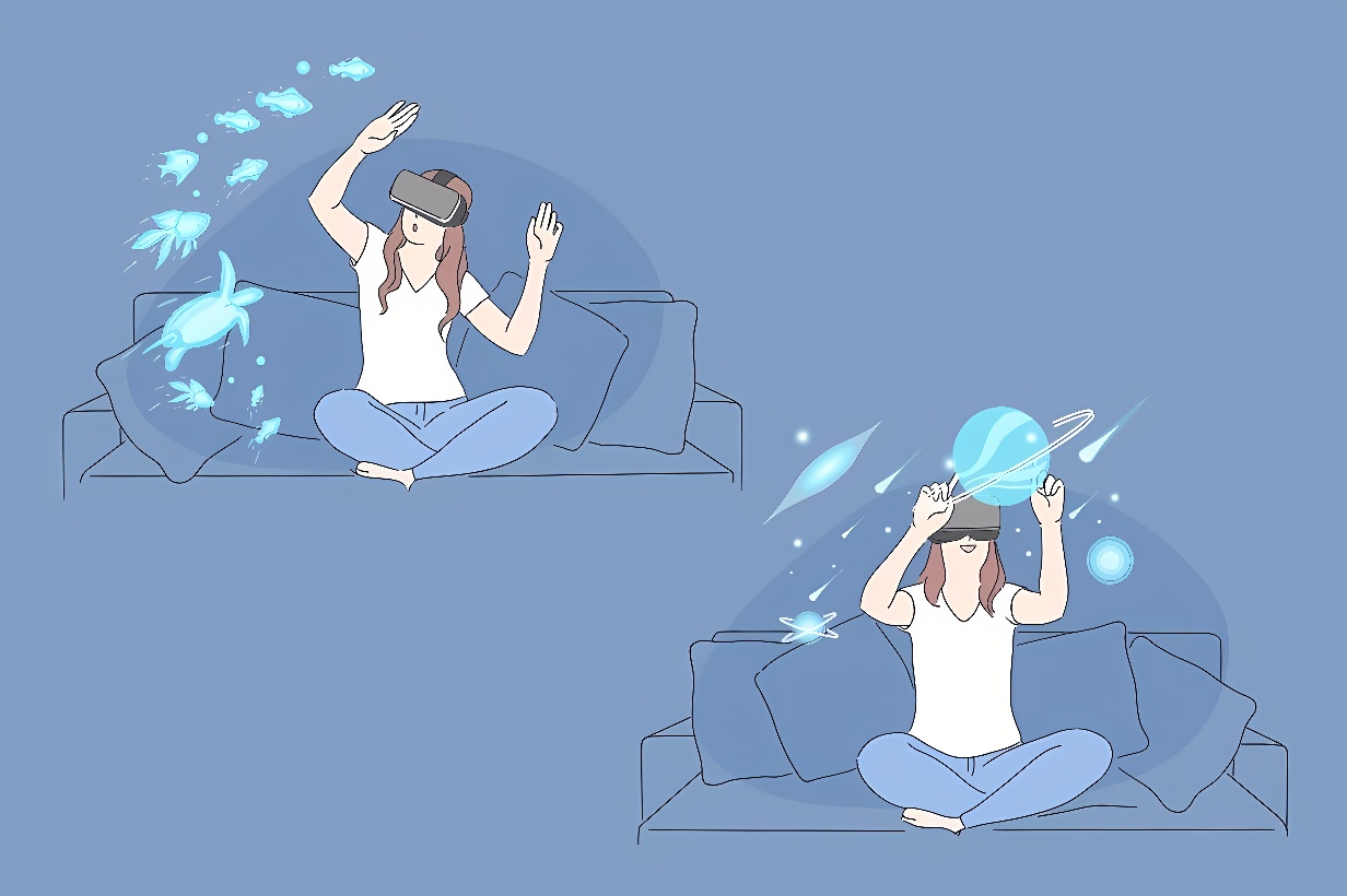 图片展示一位女士坐在沙发上，戴着虚拟现实头盔，正伸手触摸虚拟的蓝色蝴蝶，表情专注，身边有光效。
