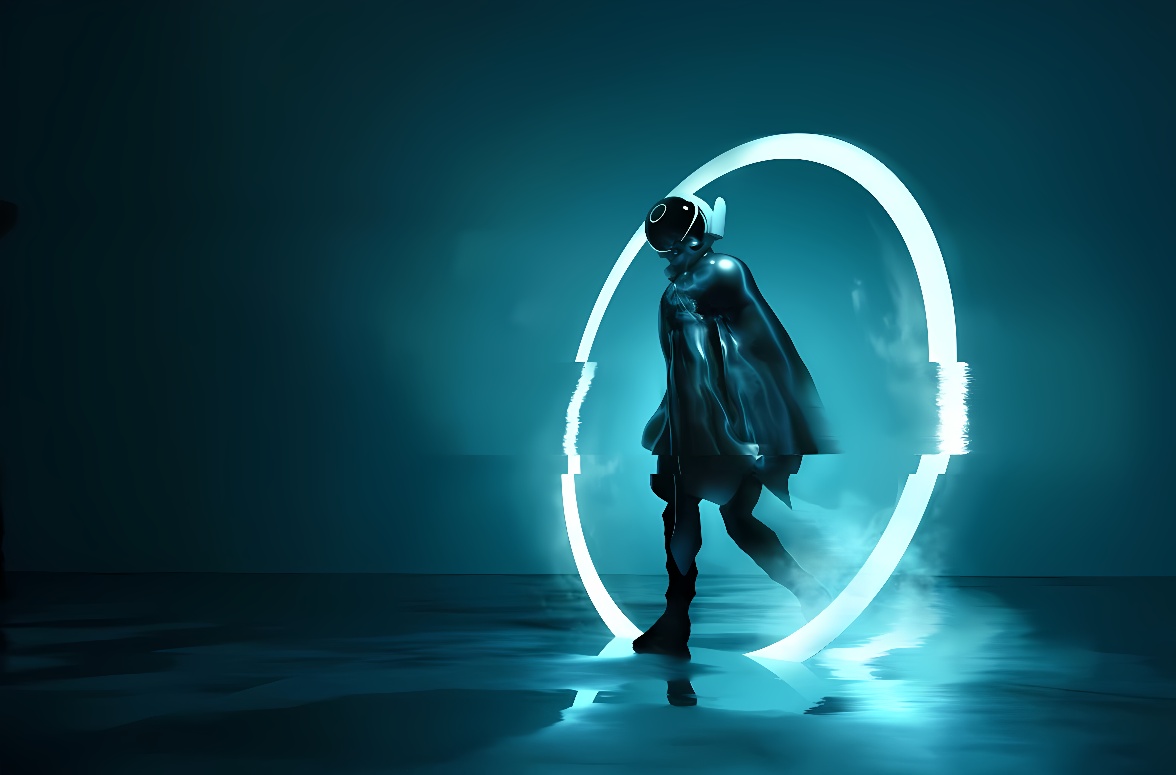 图片展示了一个穿着黑色服装的机器人形象，站在一个发光的圆形门中，周围环境昏暗，充满科幻感。