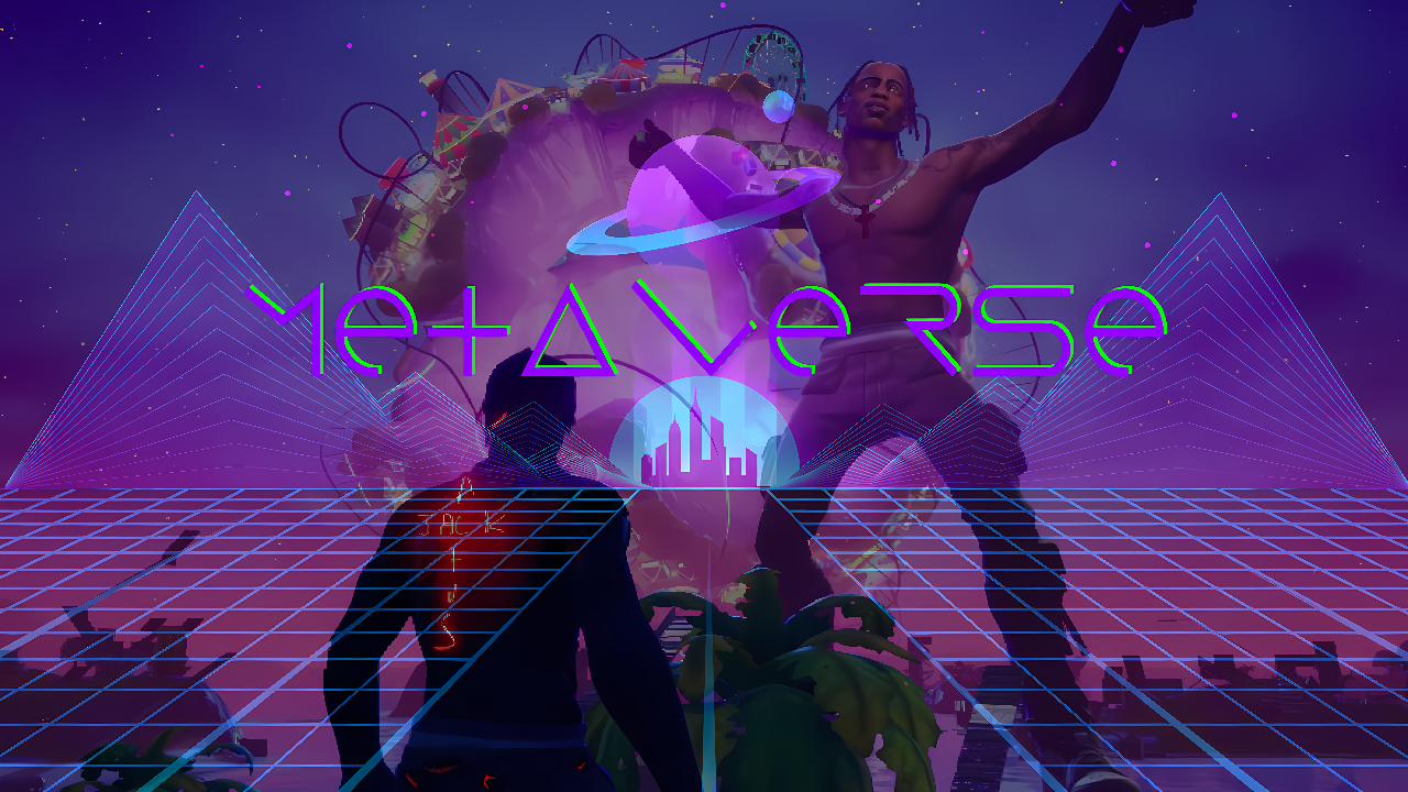 图片展示了一个以“元宇宙”为主题的虚拟现实场景，包含未来感建筑，一个人物站立在前方，背景有紫色调天空。