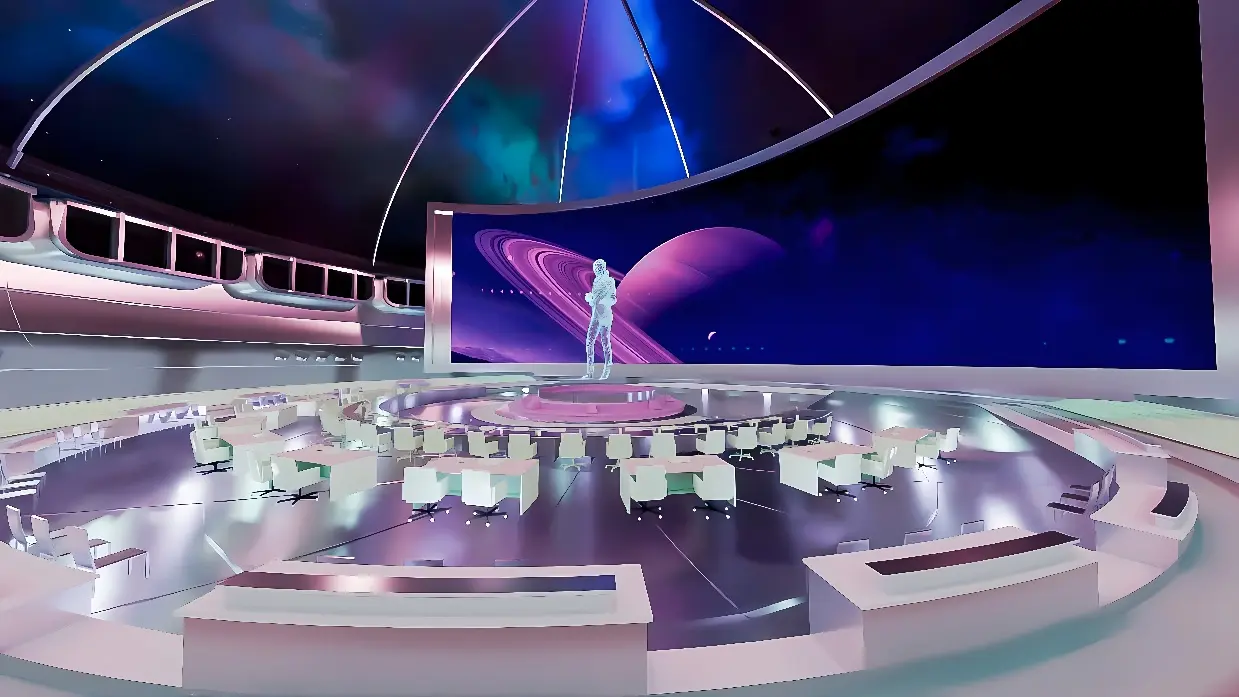 图片展示了一个未来风格的室内空间，中心有雕塑，四周是座椅，顶部结构独特，背景似乎是太空中的星球。