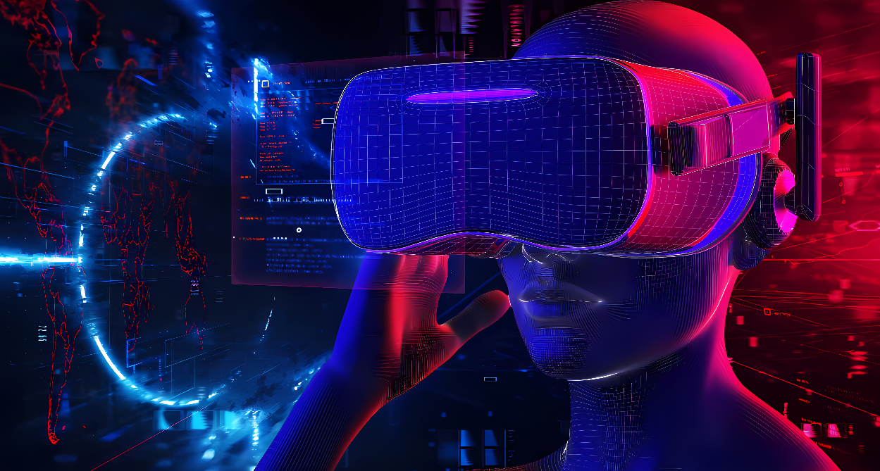 这是一张描绘虚拟现实头盔和数字化人头模型的图片，背景是充满科技感的数字代码和图形，颜色主要是蓝色调。