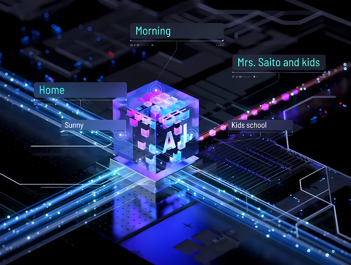 图片展示了一个三维的AI图标位于中心，周围有数字化网络线路和几个浮动标签，如“Home”、“Morning”等，呈现科技感。