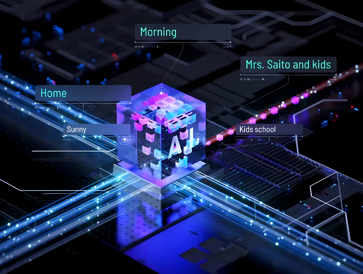 这是一张展示人工智能或数据处理概念的图片，包含3D立方体、连接线和个人化信息标签，如“家庭”“孩子学校”。