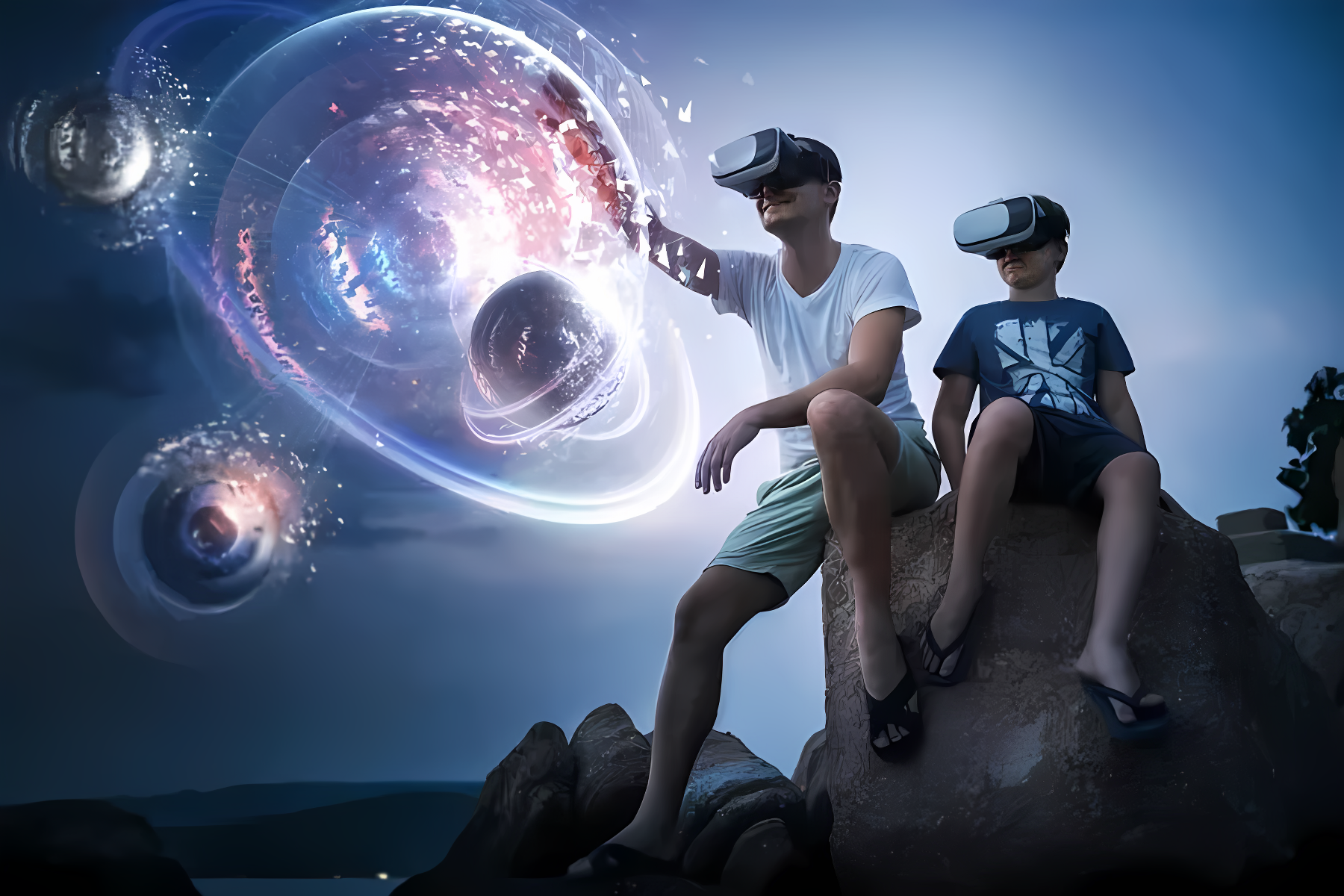 两人戴着虚拟现实头盔坐在岩石上，前方出现太空星球等虚拟图像，周围环境显得昏暗，给人科技与现实交融的感觉。