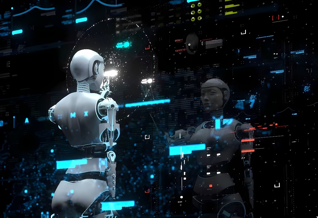 图片展示了两个机器人在高科技环境中对视，其中一个机器人的手臂似乎正在进行自我修复或升级。
