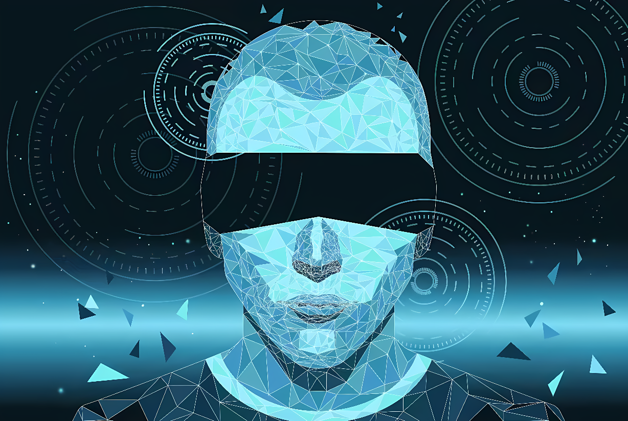 这是一张描绘多边形风格数字人头像的图像，背景是科技感的虚拟界面，呈现出未来科技与人工智能的主题。