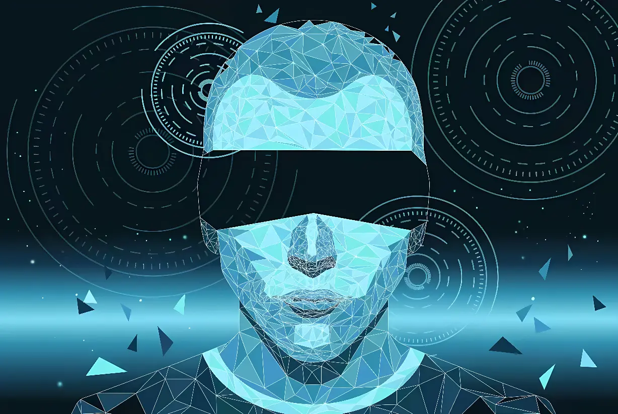 这是一张描绘多边形结构人脸和科技感背景的数字艺术图，头像呈现出未来主义风格，背后有复杂的几何图形和线条。