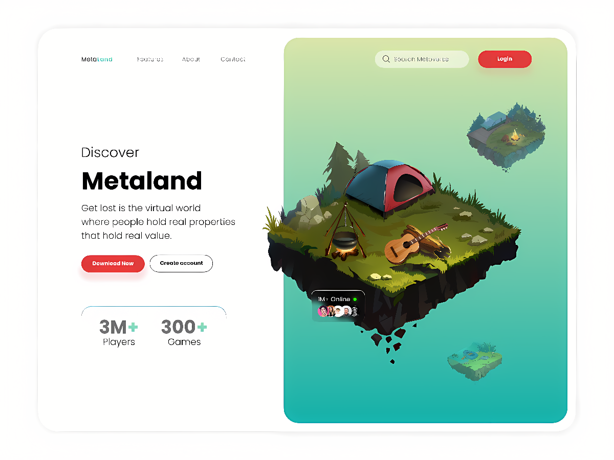 这是一张描绘虚拟世界“Metaland”的图片，有帐篷、吉他和书本，漂浮在岛屿上，下方有小岛，网页界面设计风格现代。