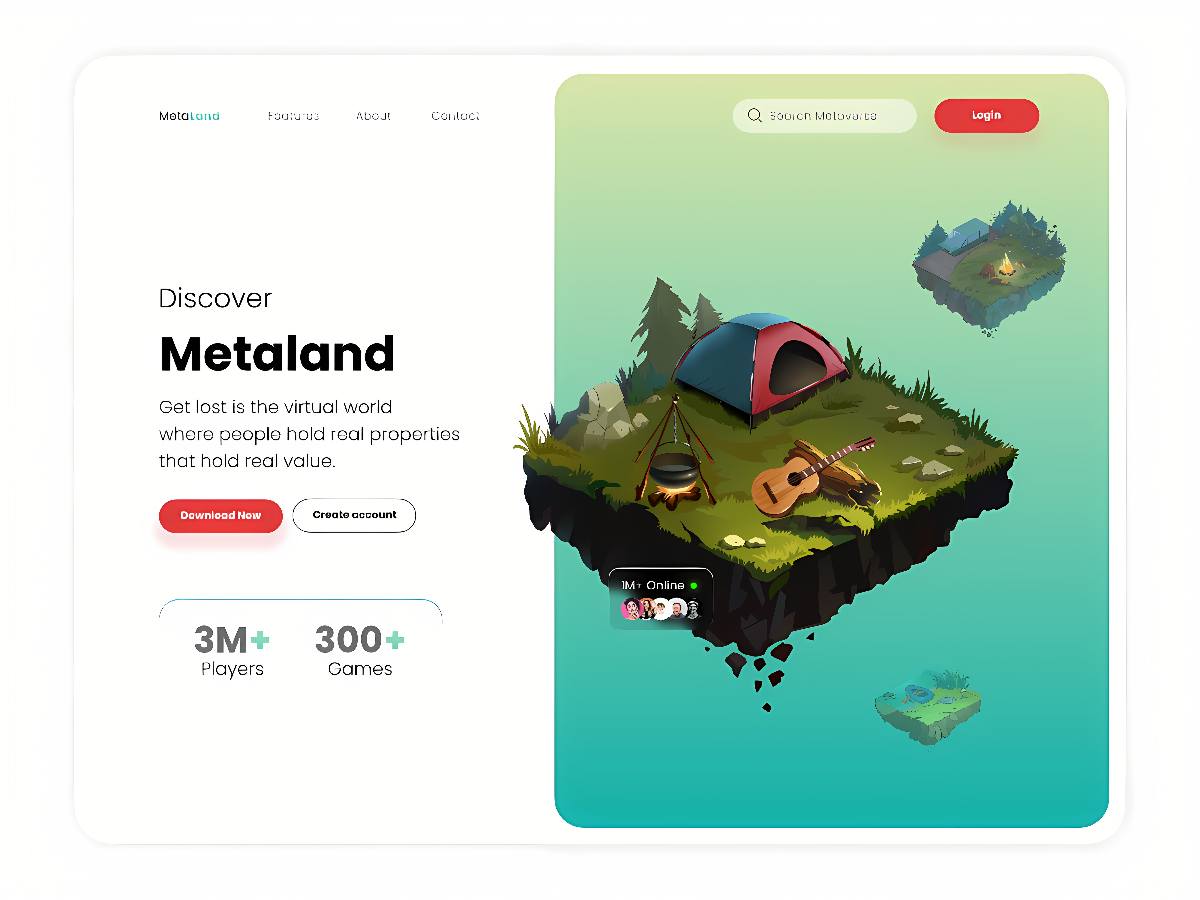 这是一个应用界面设计图，展示了一个名为“Metaland”的虚拟世界，有帐篷、吉他，强调真实性，有下载和创建账户选项。