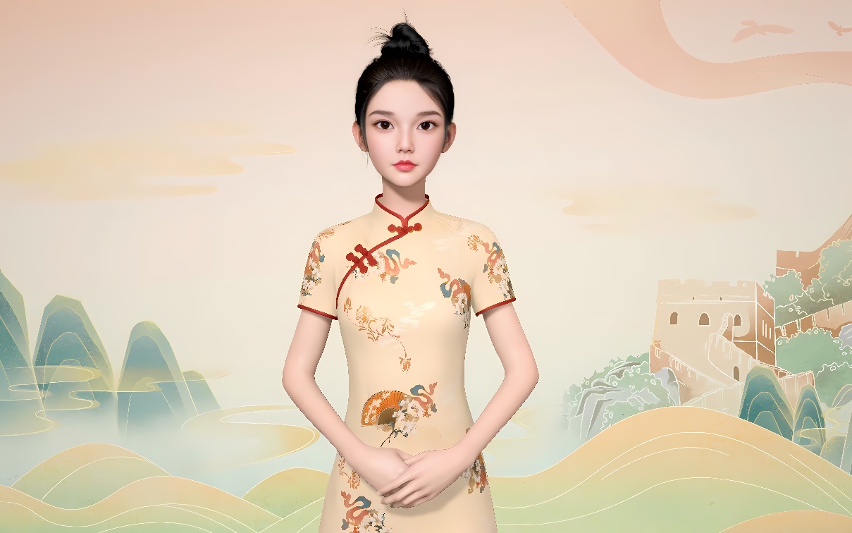 图片展示一位穿着传统旗袍的女性，背景是中国风格的山水画，含有长城元素，整体色调温馨，给人以古典优雅之感。