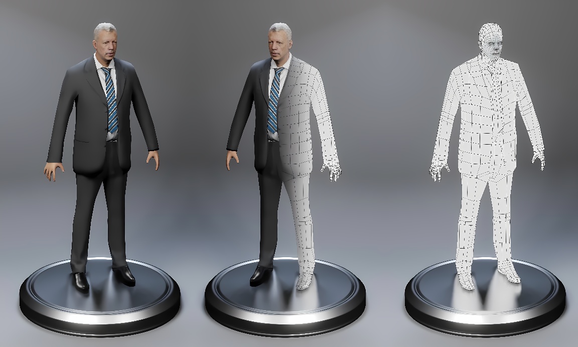 图片展示了三个渐进的人物模型，从左至右，从完全渲染的3D角色到线框模型逐步简化。