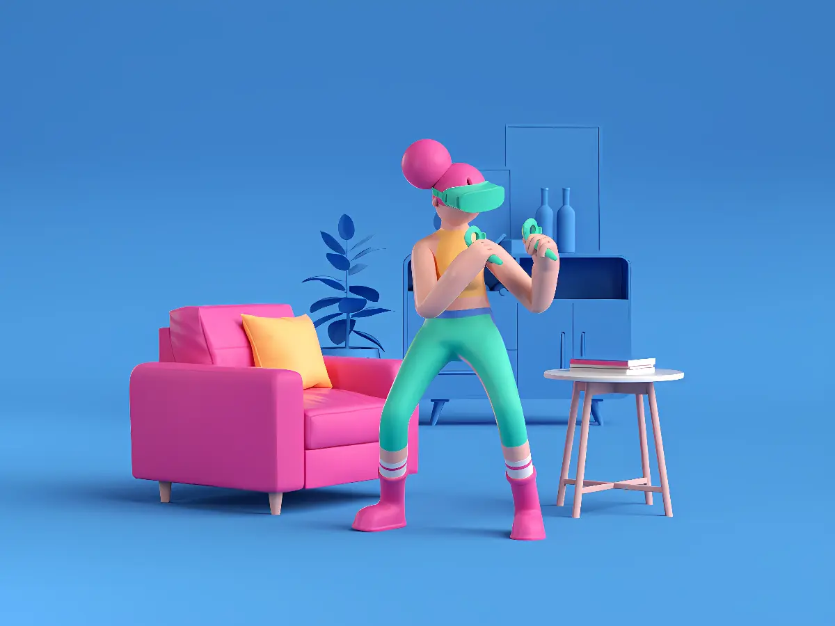 图片展示一位戴着VR头盔的卡通人物站在沙发旁，似乎正在体验虚拟现实，背景为纯色，整体色彩鲜艳。
