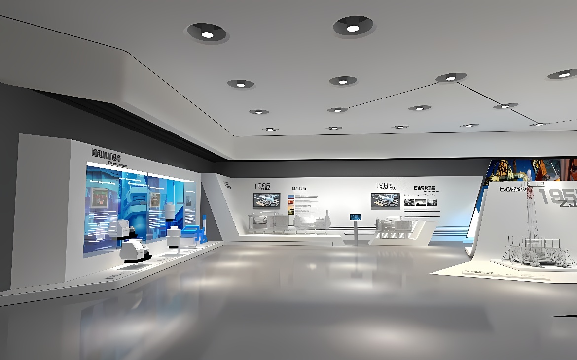这是一个现代风格的展览厅，墙上有展示屏幕和信息板，室内设计简洁，以白色为主调，地面反光。