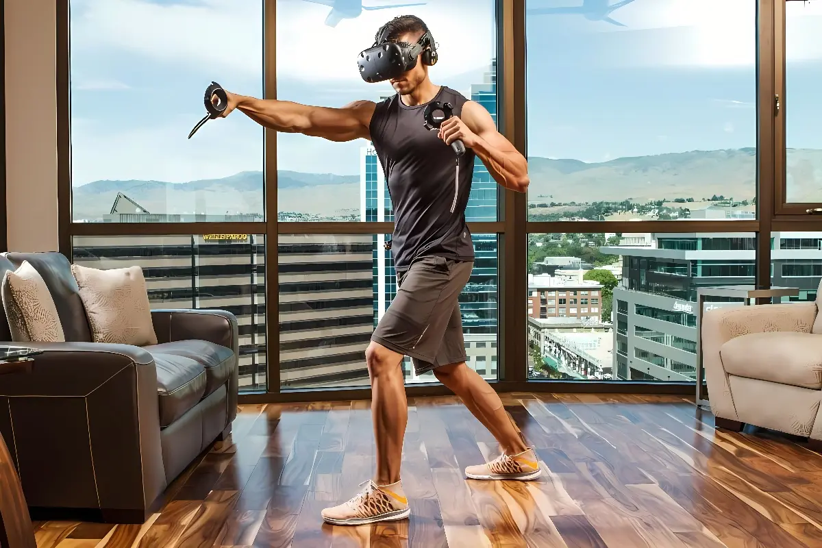 一位男士穿着运动装备，戴着虚拟现实头盔，在室内进行VR游戏或训练，背景是大窗户和山景。