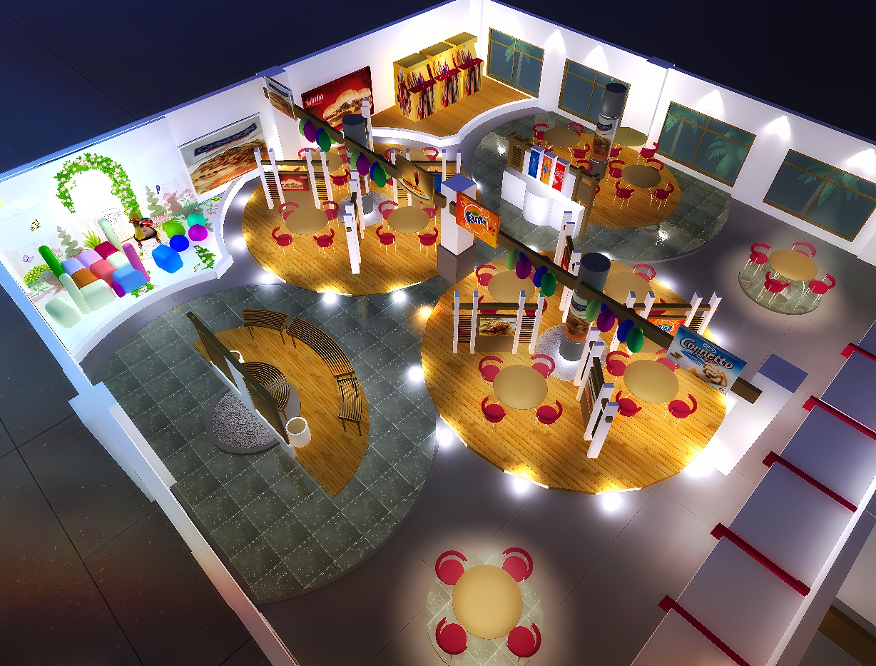 图片展示了一个现代风格的室内儿童游乐场，有滑梯、球池和休息区，色彩鲜艳，灯光明亮，设计富有创意。