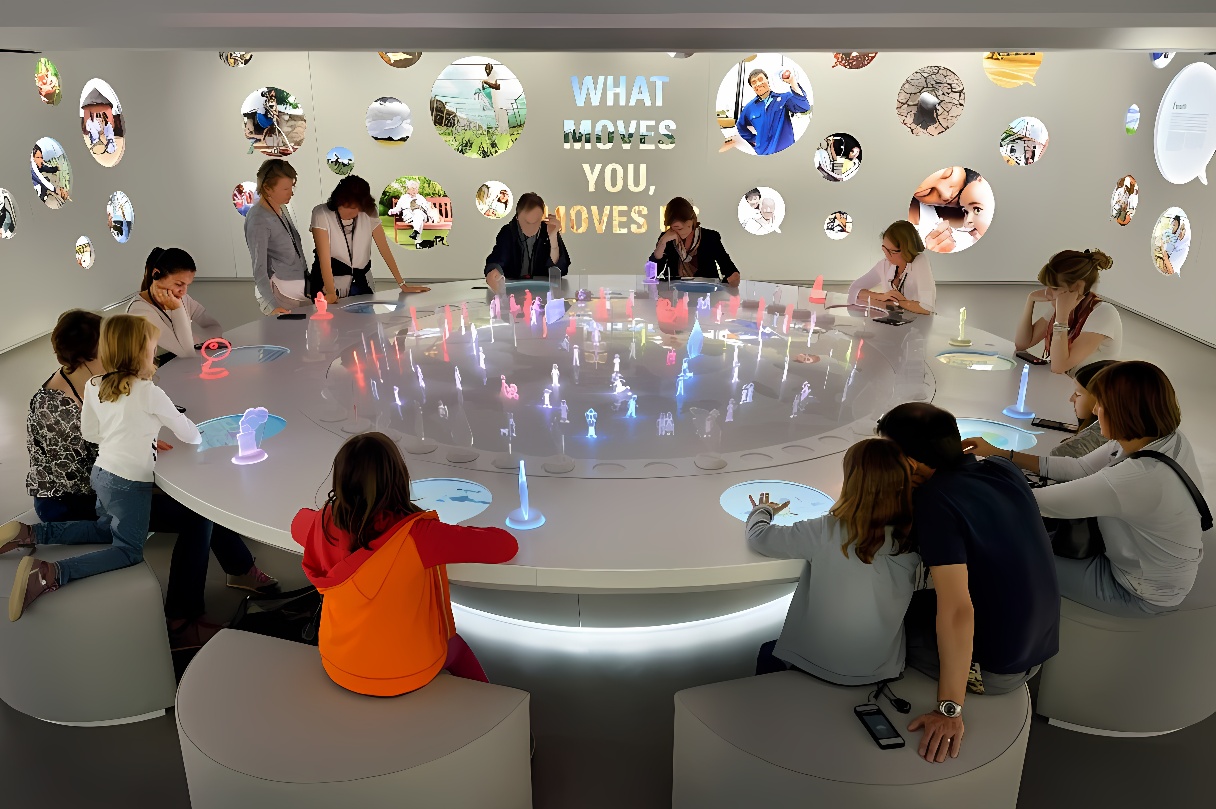 图片展示了多个人围绕一个圆形互动展台，展台上有彩色光点，墙壁上挂有各种图片，氛围现代科技感。