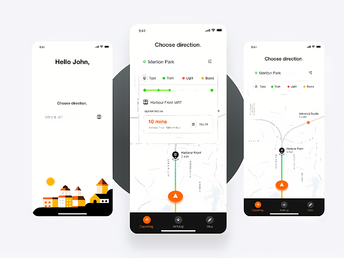 这是三个手机界面设计图，展示了一款导航应用程序，包含欢迎页、路线选择和地图导航功能。
