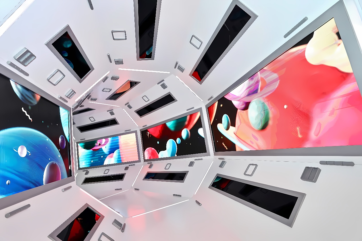 这是一张展示抽象、现代感设计空间的图片，多个显示屏悬浮在空中，展示着五彩斑斓的图案和光影效果。