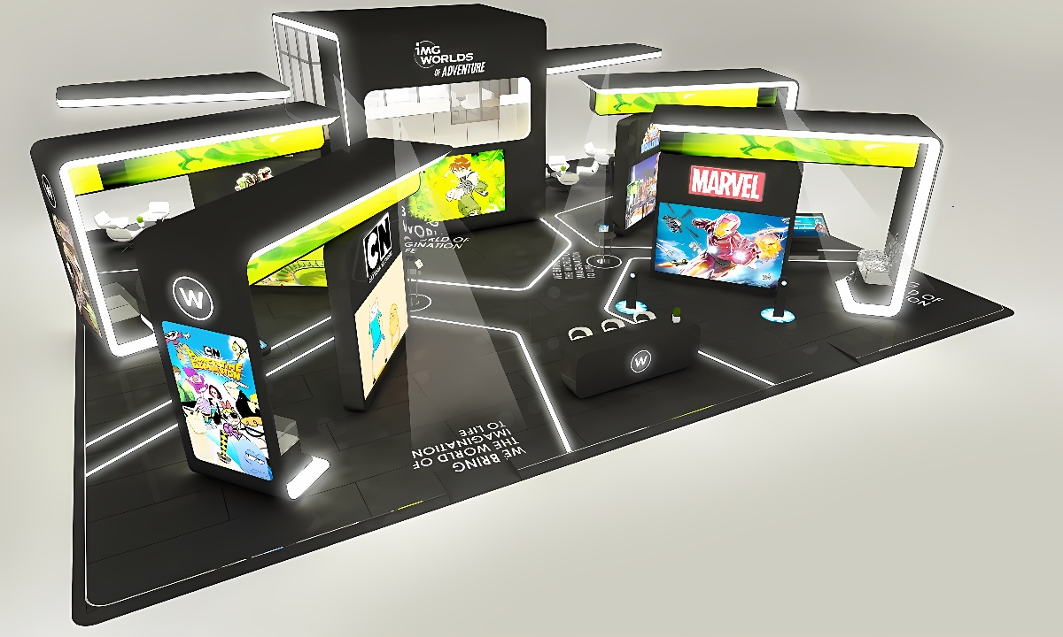 这是一张漫威品牌展台的3D渲染图，展示了多个展示架、屏幕和品牌标识，设计现代且具有科技感。