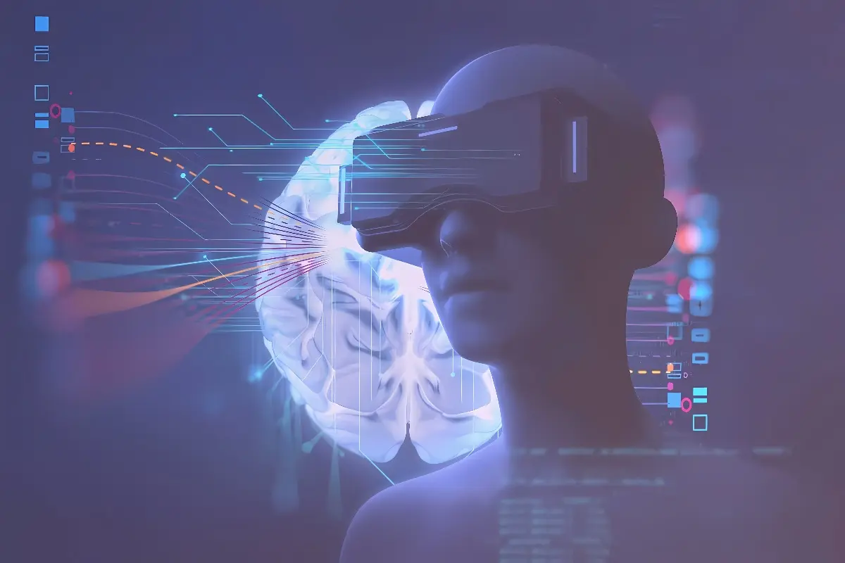 这是一张描绘人类佩戴虚拟现实头盔的图片，头盔与数字信息流相连，暗示着科技与大脑的直接互动。