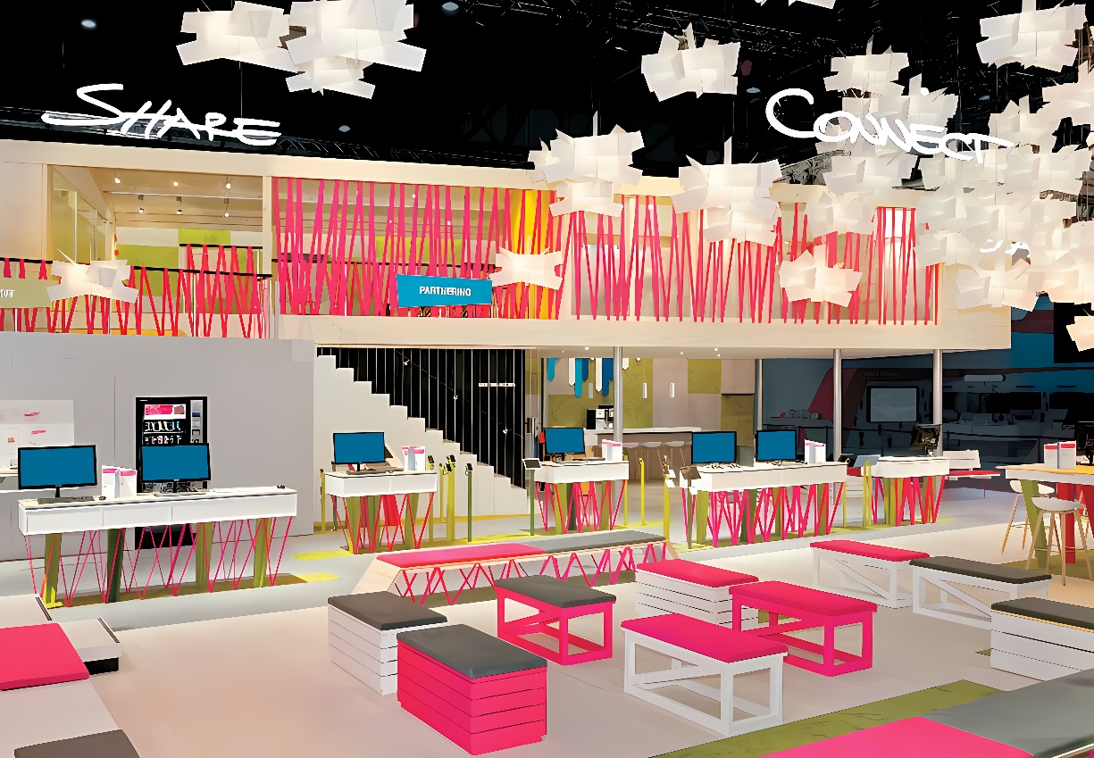 这是一张现代风格的室内设计图，展示了带有色彩条纹装饰的空间，配有桌椅和吊灯，整体给人活泼、创意的感觉。