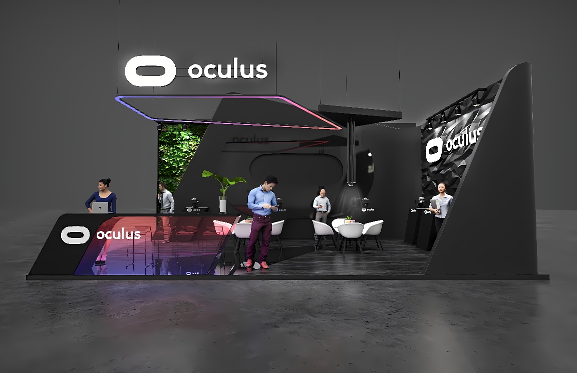 这是一张Oculus品牌的展台图片，展台设计现代，有几位参展人员，中间一人正佩戴VR头盔体验产品。