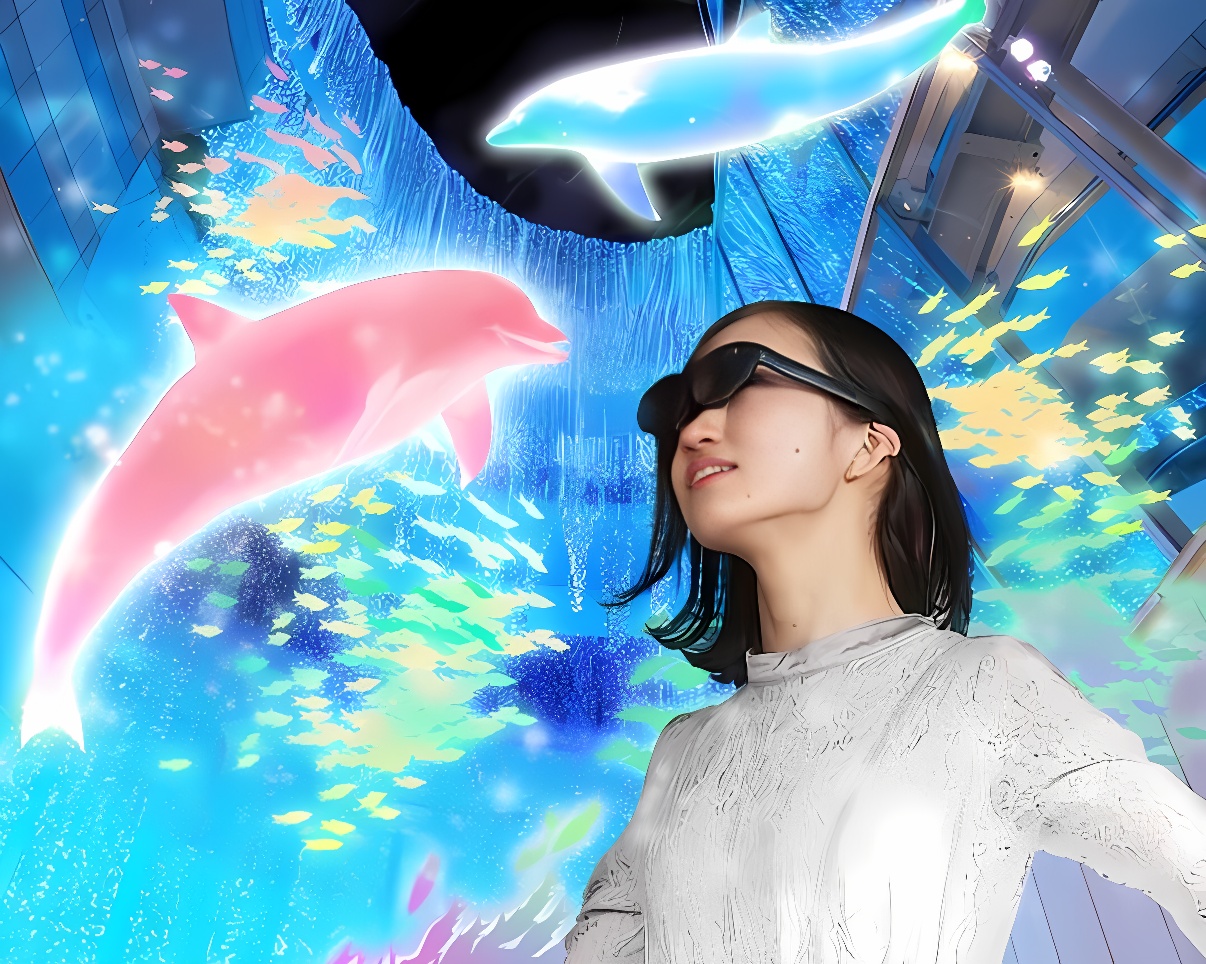 图片展示一位女士戴着VR眼镜，似乎正在体验虚拟现实中的海洋世界，背景有海豚和五彩斑斓的光效。
