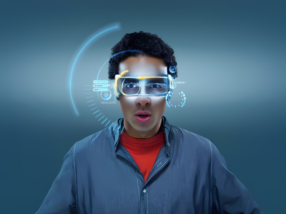 图片展示一位佩戴未来风格眼镜的人，眼镜显示着虚拟数据界面，表情惊讶，背景为单一色调。