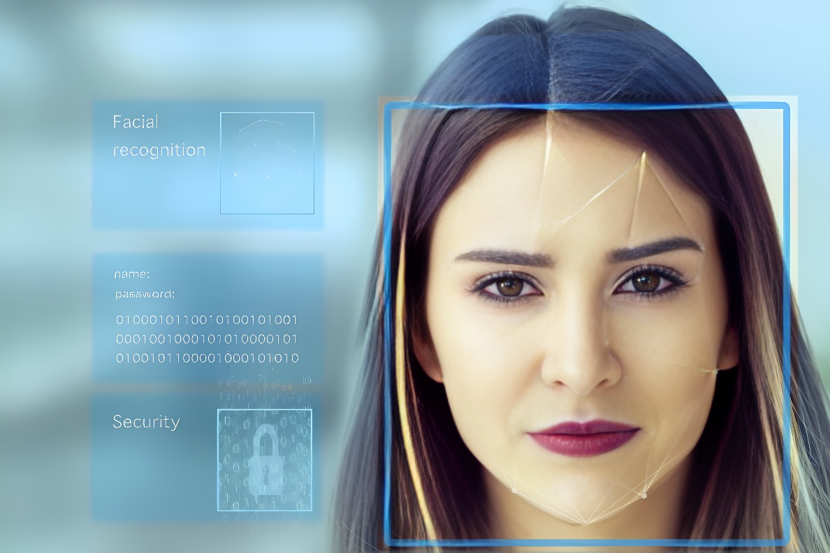 图片展示了一位女性的面部，配有面部识别技术的示意图，包括识别点和数字化信息。