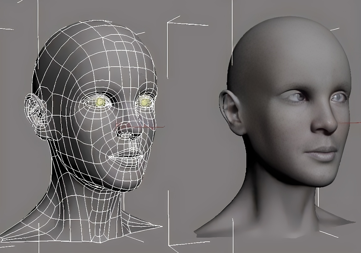 这是一张3D建模图，展示了一个人物头像的线框模型和渲染效果，两侧视角，背景为灰色。