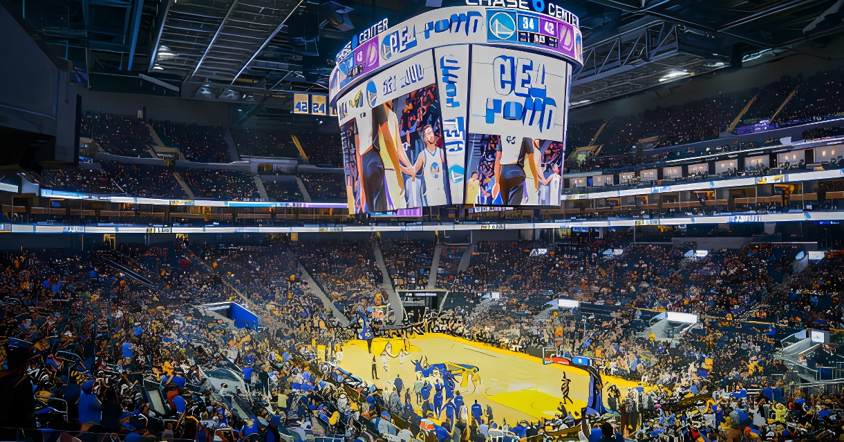 体育馆内，观众席上人群密集，中央是篮球场地，巨大显示屏展示比赛实况，现场氛围热烈。