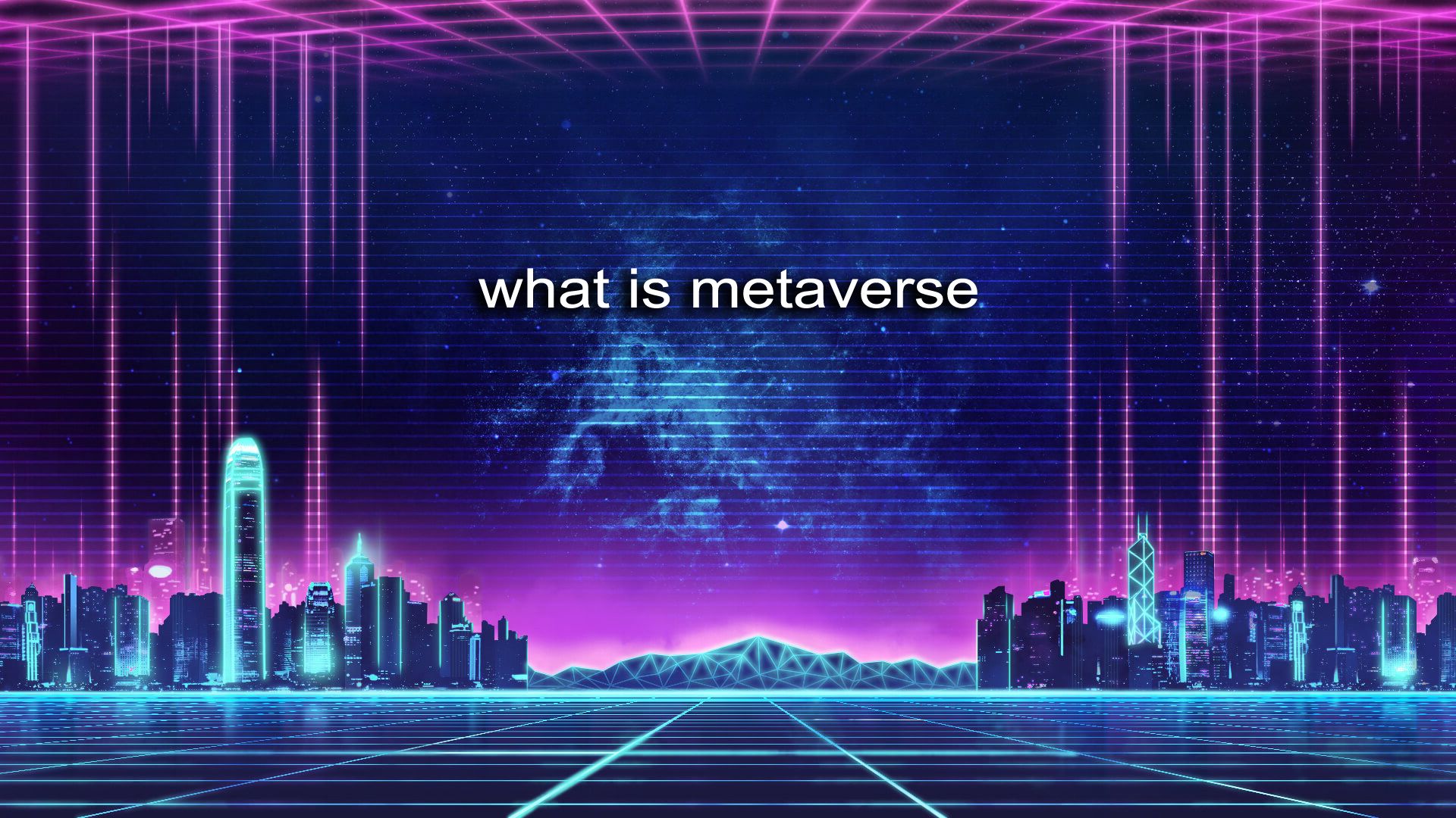 这张图片展示了充满赛博朋克风格的虚拟城市景观，紫色调，前方有“what is metaverse”字样，彰显科技感和未来主义。