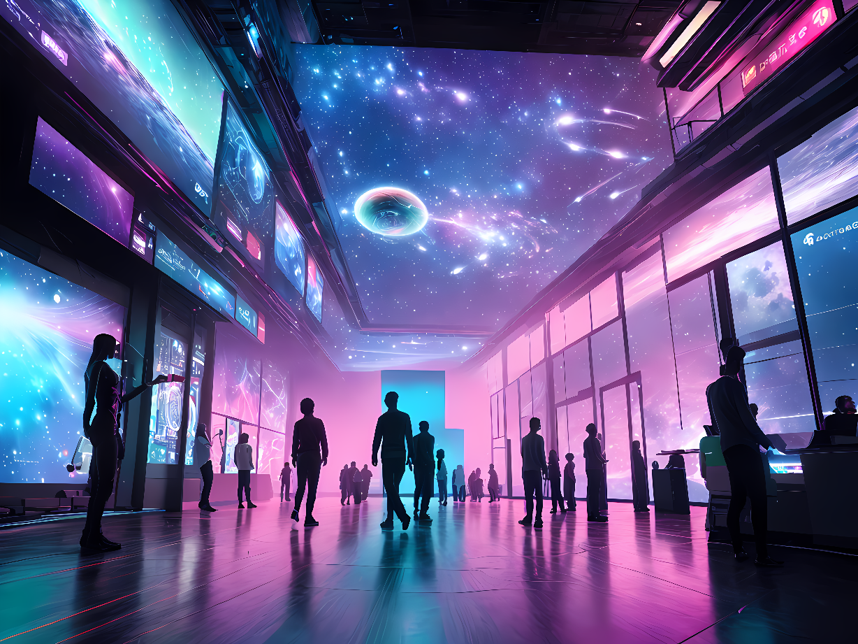 图片展示了一个科幻风格的室内场景，人们站立或行走，巨大窗户外是太空与星系，室内灯光呈现紫色调，未来感十足。