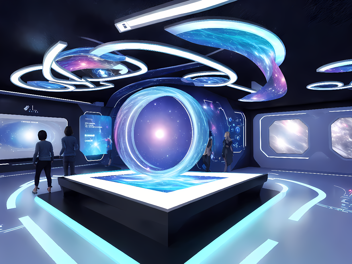 这是一幅展示现代科幻风格室内设计的图片，中心有发光的球体，周围有流线型光带，几个人在观察这个充满科技感的场景。