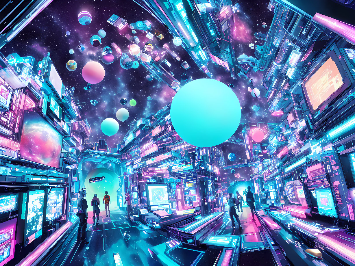 这是一张展示赛博朋克风格城市的插画，色彩鲜艳，充满霓虹灯光。图中有人物走动，周围是高科技屏幕和悬浮球体。