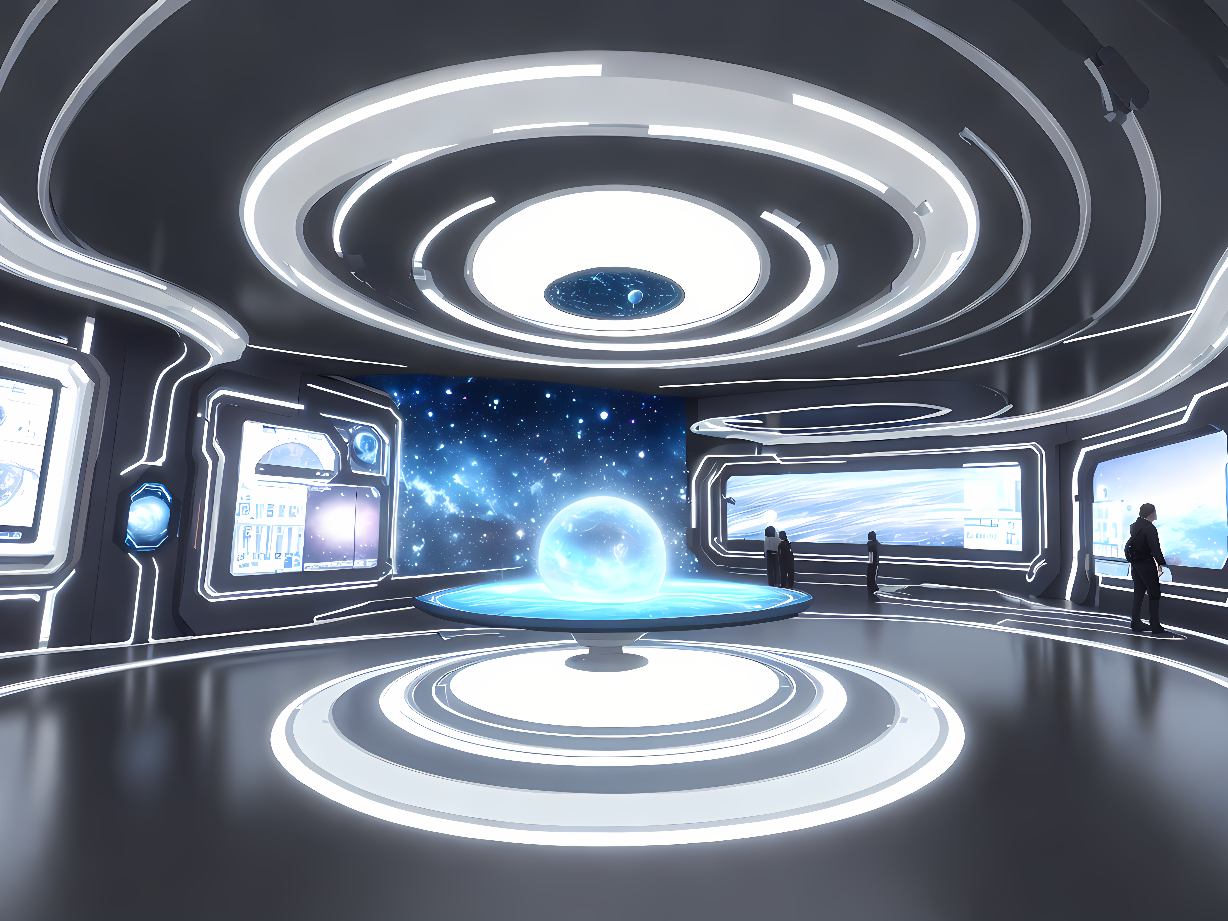 这是一张展示科幻风格控制室或指挥中心的图片，内部有多个显示屏和一个中央的光球，周围环境现代且未来感十足。